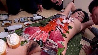 Deviant Japanese chick Haruka lets guys eat sushi off her conclave